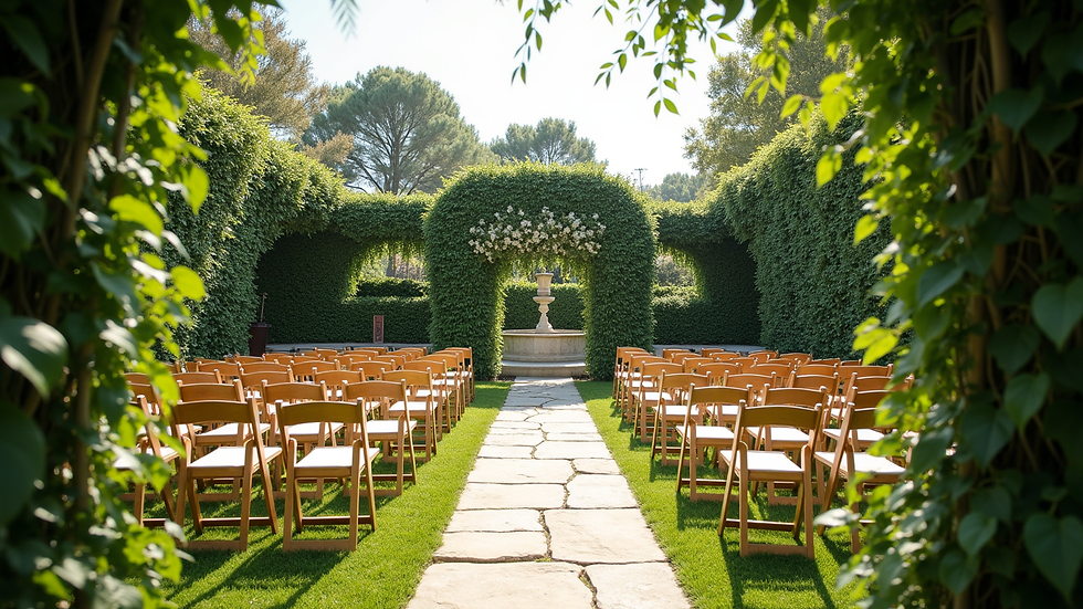 Wide angle view of a beautiful outdoor event space with lush greenery