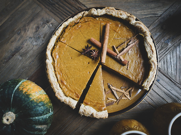 Whole pumpkin tart with cinnamon and anise in a french bakery in the middle of the Christchurch