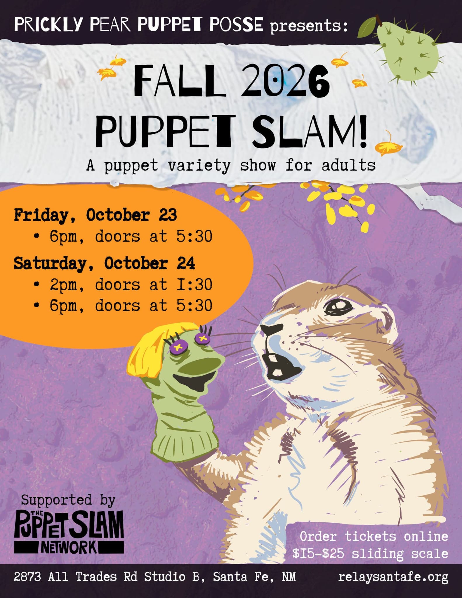 Flyer for Prickly Pear Puppet Slam - Fall 2026
