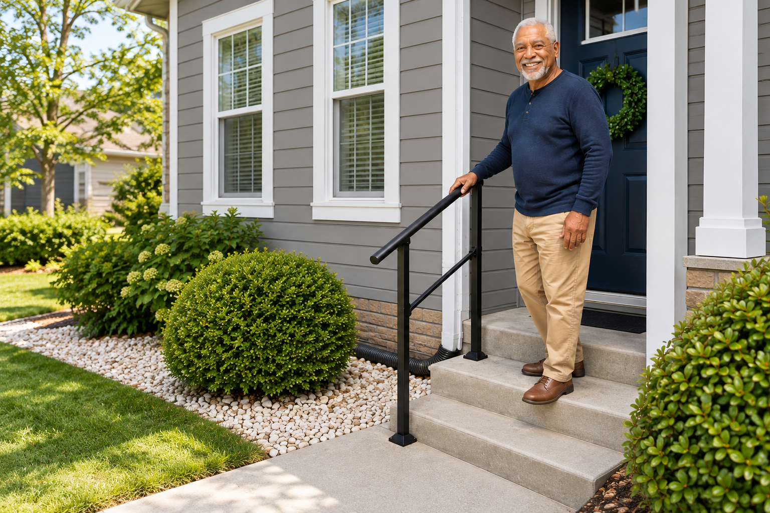 Illustrative porch scene with exterior handrail beside the entrance steps