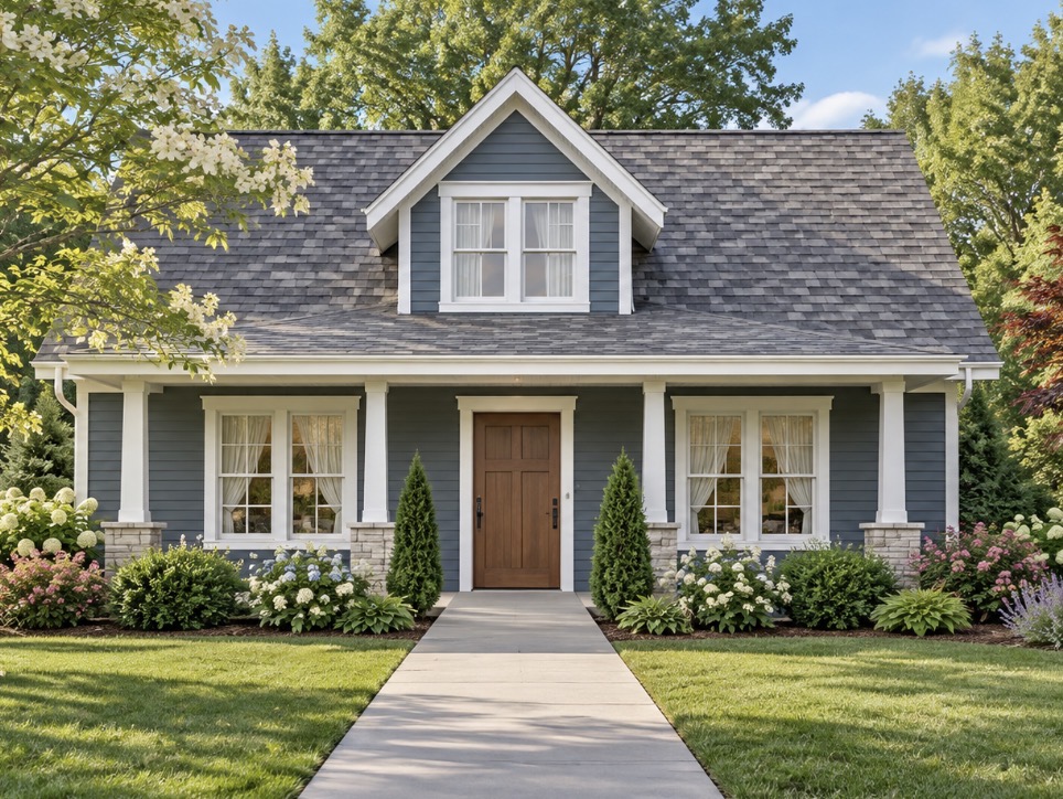 Gray-blue cottage with established landscaping and a level front walkway.