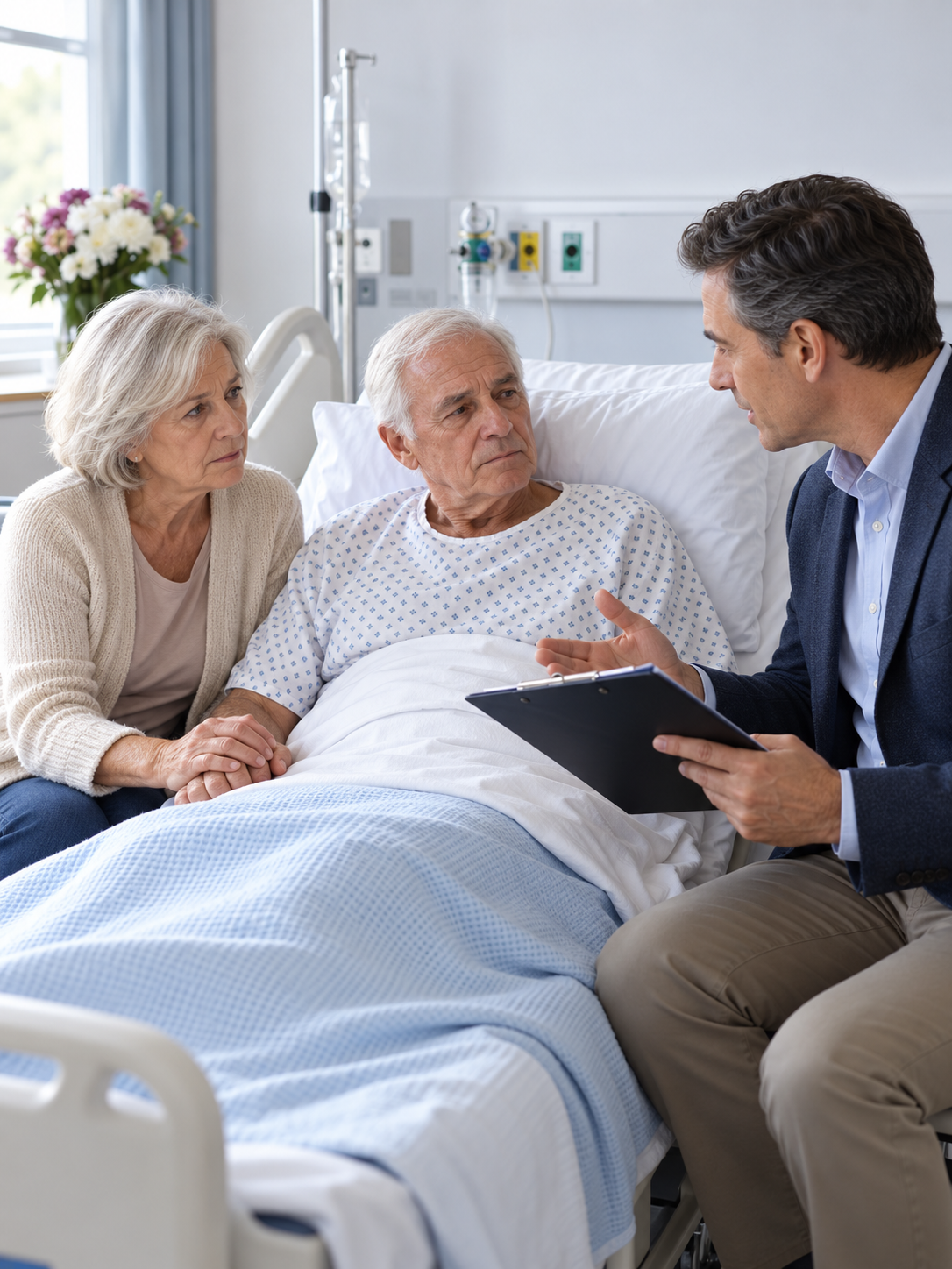 Older couple discussing plans with an advisor during a hospital stay