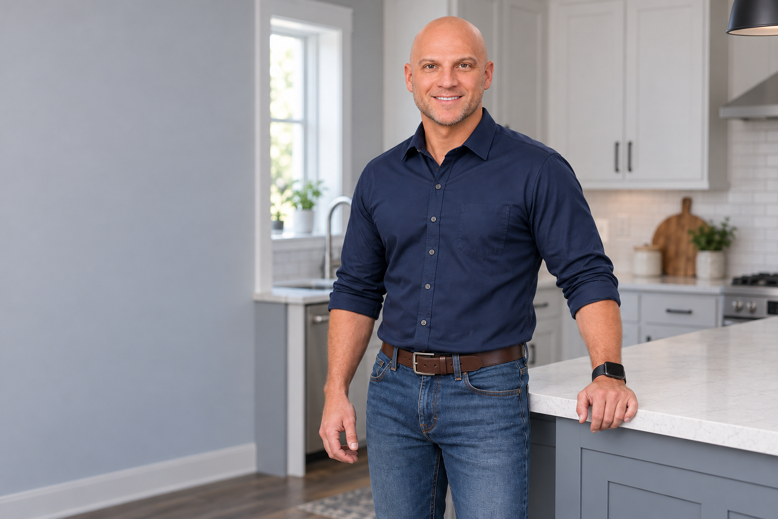 Illustrative portrait of Brian in a navy shirt beside a kitchen countertop