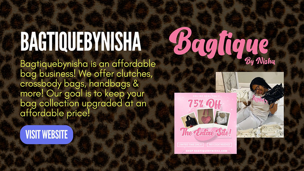 Leopard print background with "BagtiquebyNisha" text. Woman holds bags, smiling. Ad offers 75% off, pink and white colors, "Visit Website" button.
