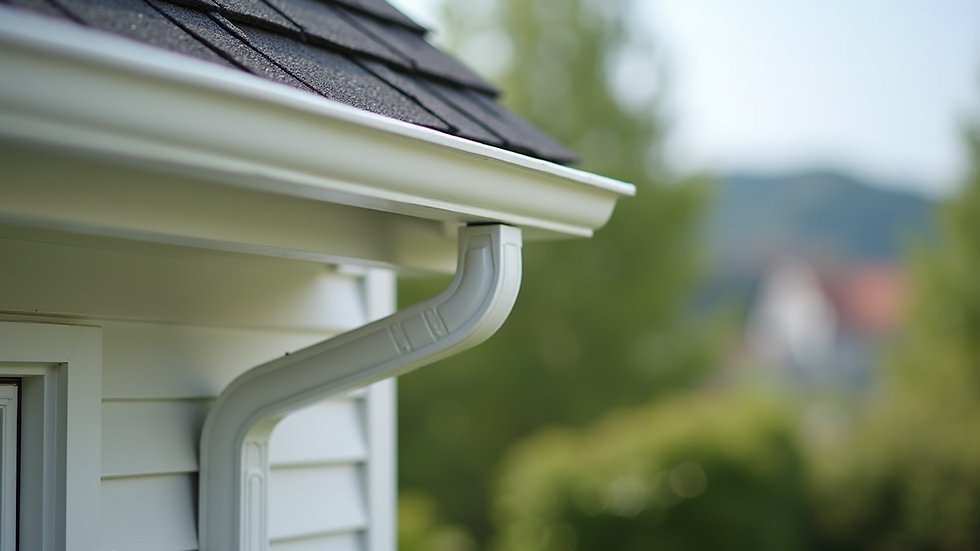 White roof gutter and downspout on a house with beige siding. Background blurry with green trees and a hint of blue sky. Calm setting.