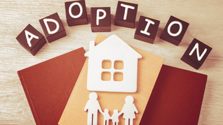 blocchi in legno formano la scritta "Adoption" con una casetta e una famiglia che si tiene per mano
