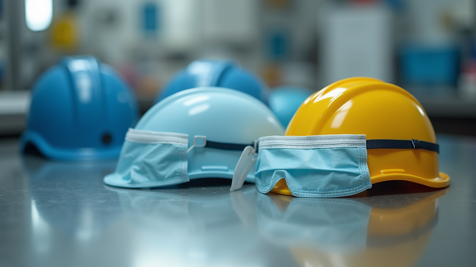 Close-up view of personal protective equipment arranged on a table