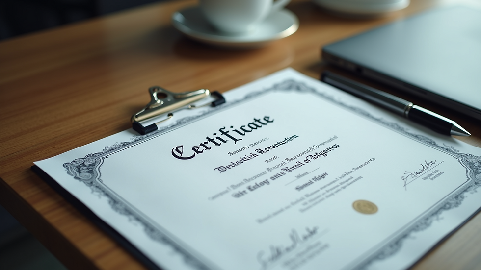 High angle view of a certificate of achievement on a desk