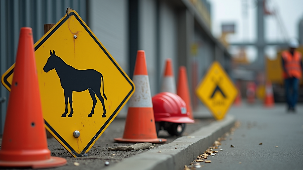 Close-up view of safety signs and PPE equipment arranged on a construction site