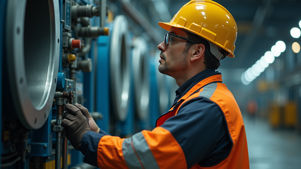 Eye-level view of a safety officer inspecting industrial equipment