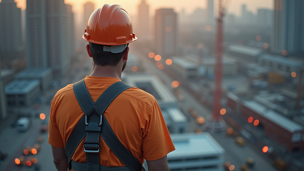 High angle view of a worker wearing a safety harness on a construction site