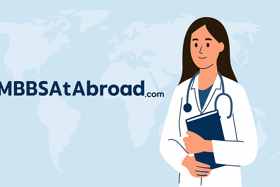 Female doctor holding a file with MBBSAtAbroad.com, MBBS at Abroad
