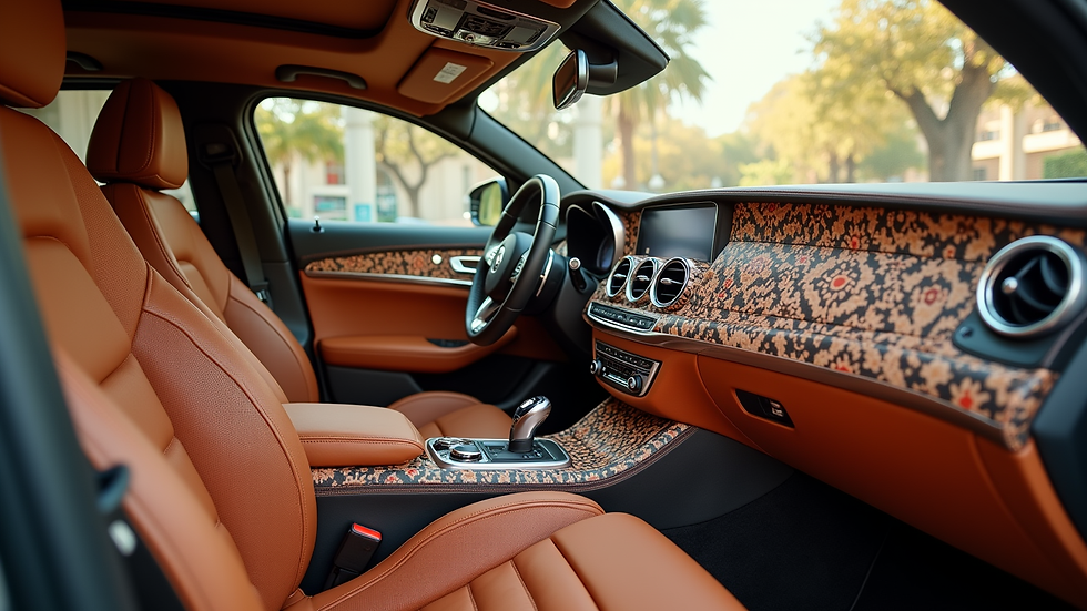 Wide angle view of a comfortable car interior with Moroccan decor accents