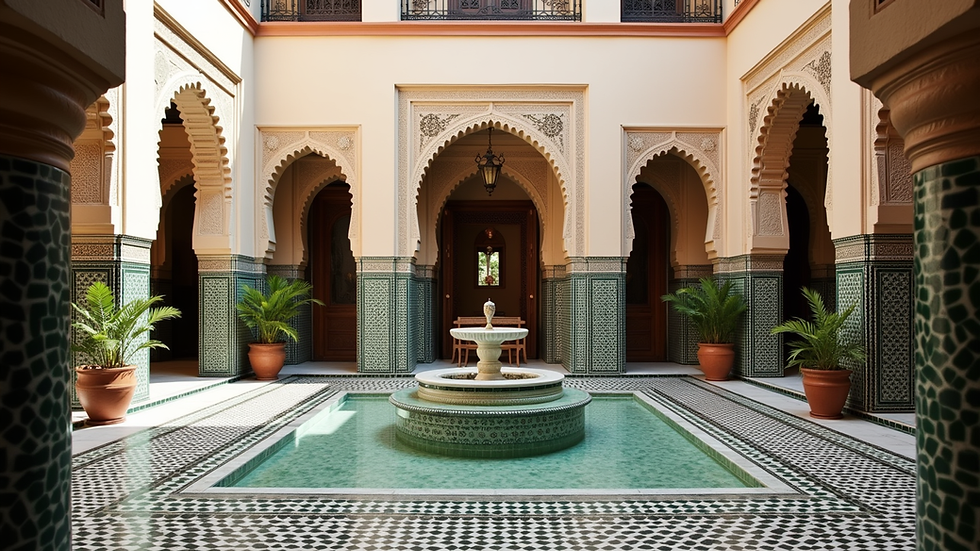 Eye-level view of a luxury Moroccan riad courtyard with intricate tile work