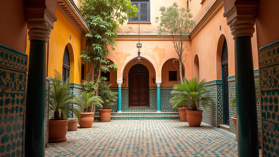 Eye-level view of a traditional Moroccan riad courtyard with vibrant tiles and plants