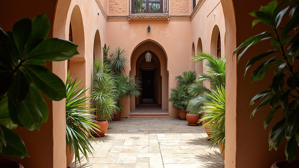 Eye-level view of a traditional Moroccan riad courtyard with lush plants