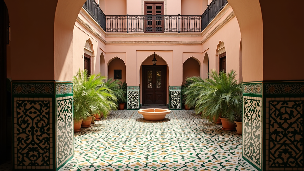 Eye-level view of a traditional Moroccan riad courtyard with vibrant tiles and lush plants