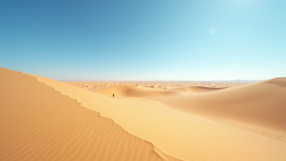 Wide angle view of golden sand dunes stretching into the horizon under a clear blue sky