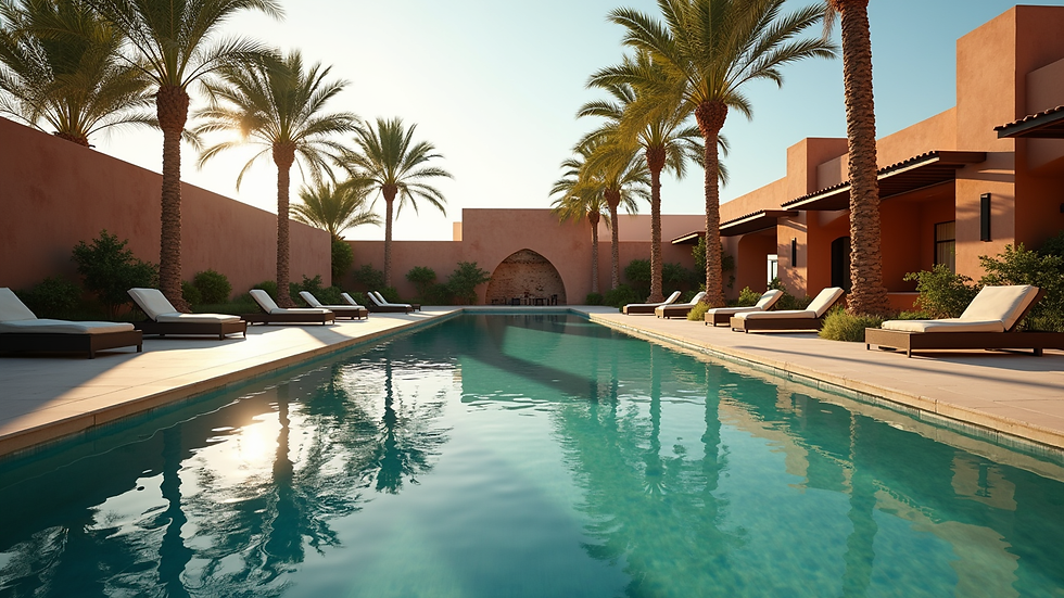 High angle view of a private villa pool surrounded by palm trees in Marrakech