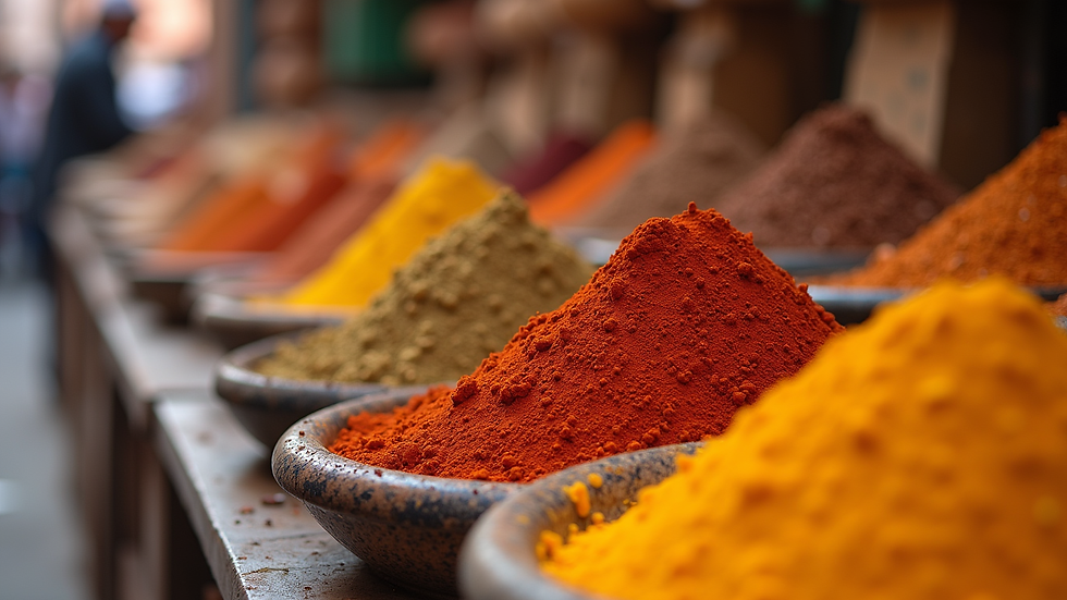 Close-up view of colourful spices in Marrakech souk