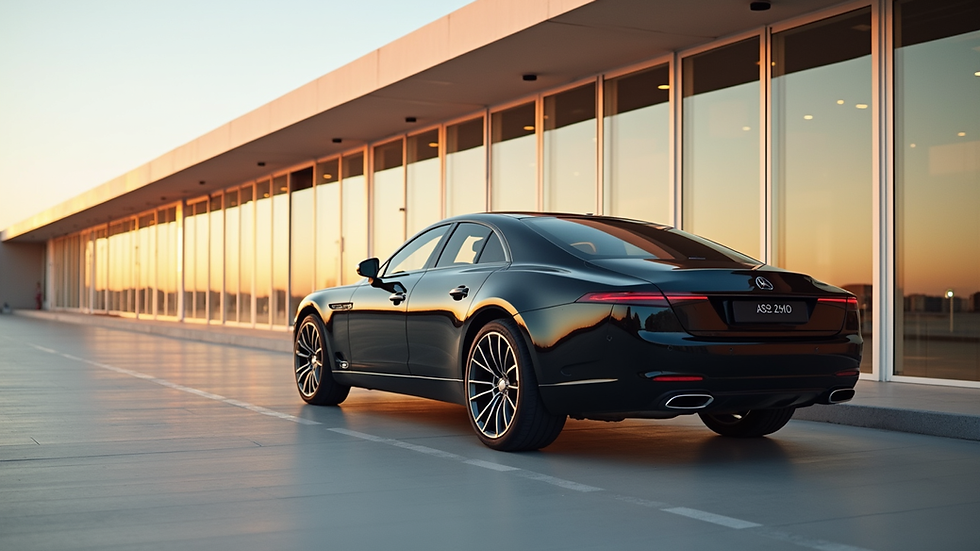 Eye-level view of a sleek black car parked outside Marrakech Menara Airport