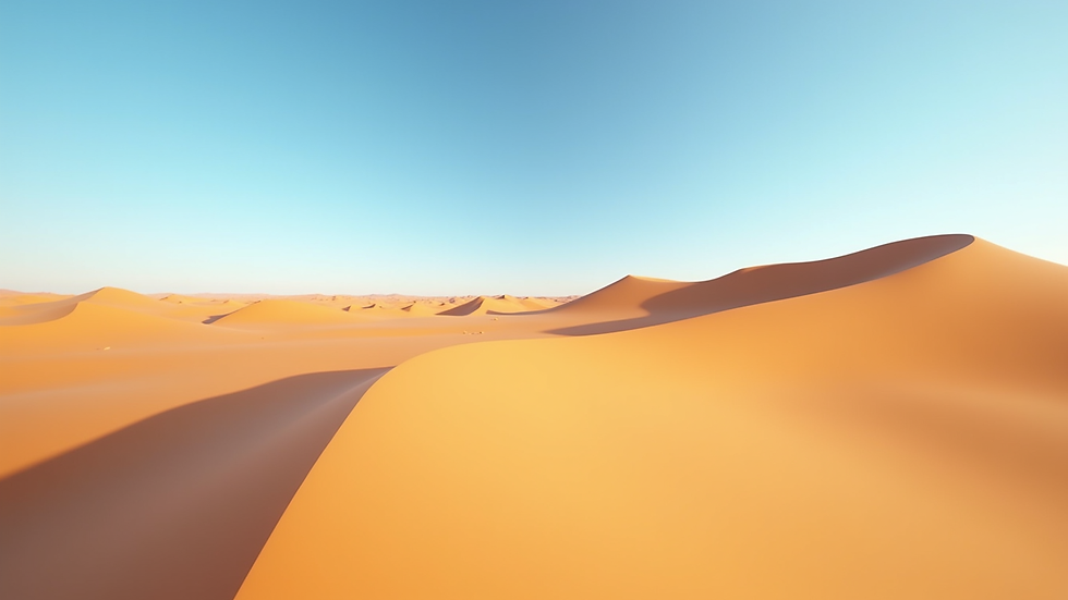 Wide angle view of golden Sahara Desert dunes under a clear blue sky