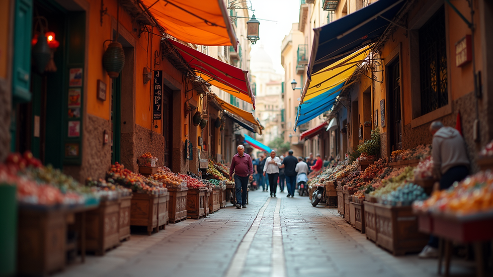 Eye-level view of a narrow Moroccan street with colorful market stalls