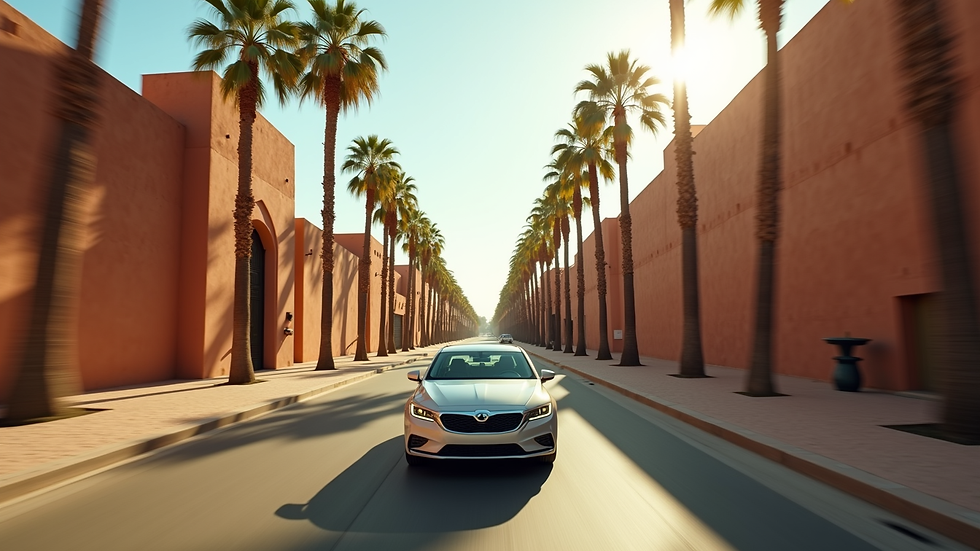 Wide angle view of a private transfer car driving through Marrakech palm-lined streets