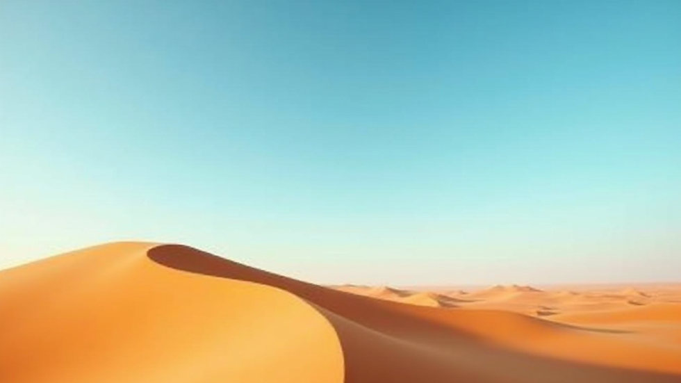 Wide angle view of golden Sahara Desert dunes under a clear blue sky