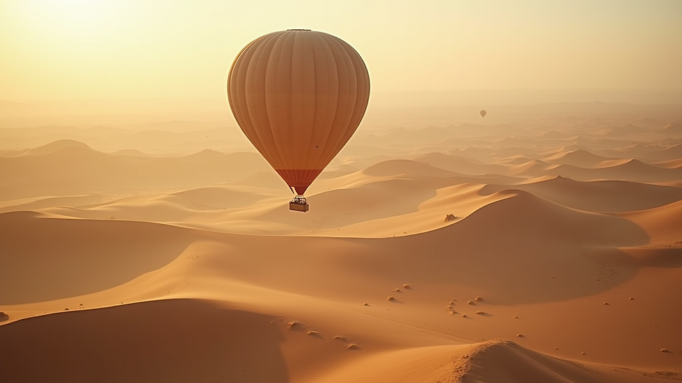 High angle view of hot air balloon flying over desert dunes