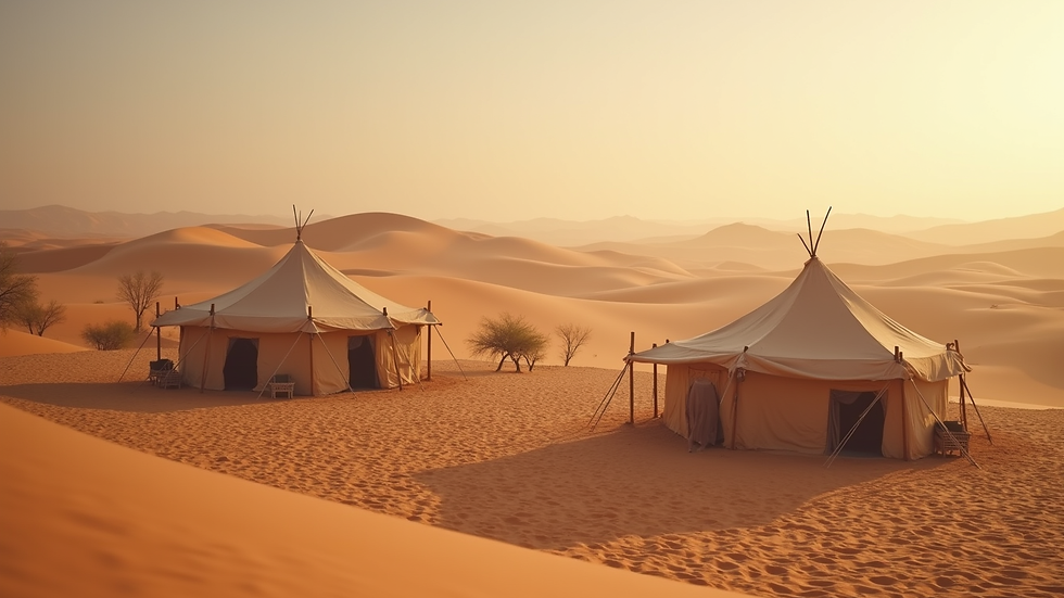 High angle view of a traditional Berber tent camp with desert dunes in the background