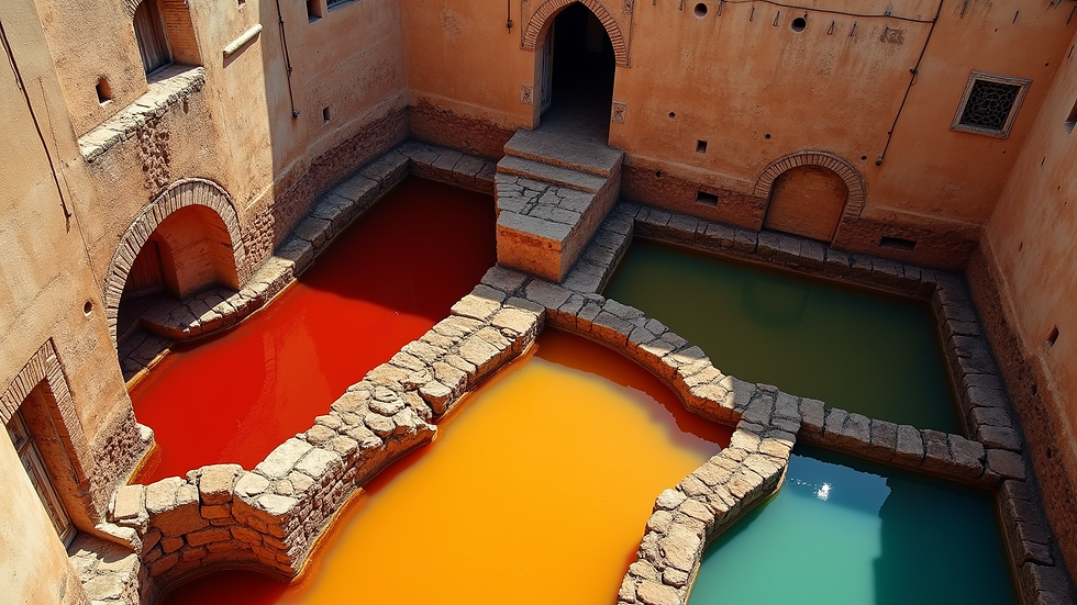 High angle view of the ancient leather tanneries in Fez with colourful dye pits