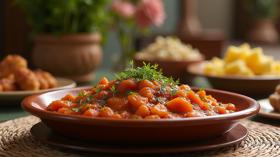 Close-up view of a traditional Moroccan tagine served on a beautifully set table