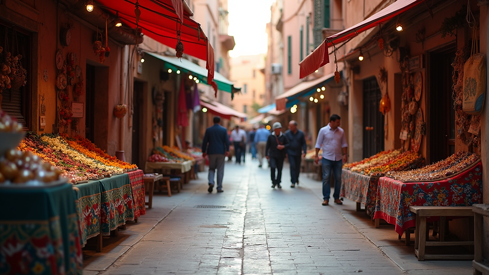 Eye-level view of Marrakech medina with colorful market stalls