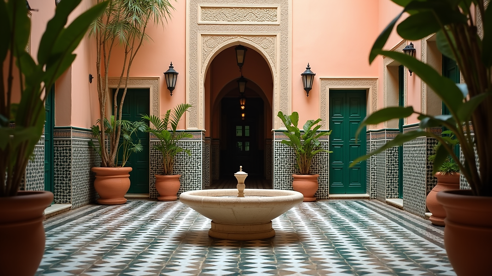 Eye-level view of a traditional Moroccan riad courtyard with plants and mosaic tiles