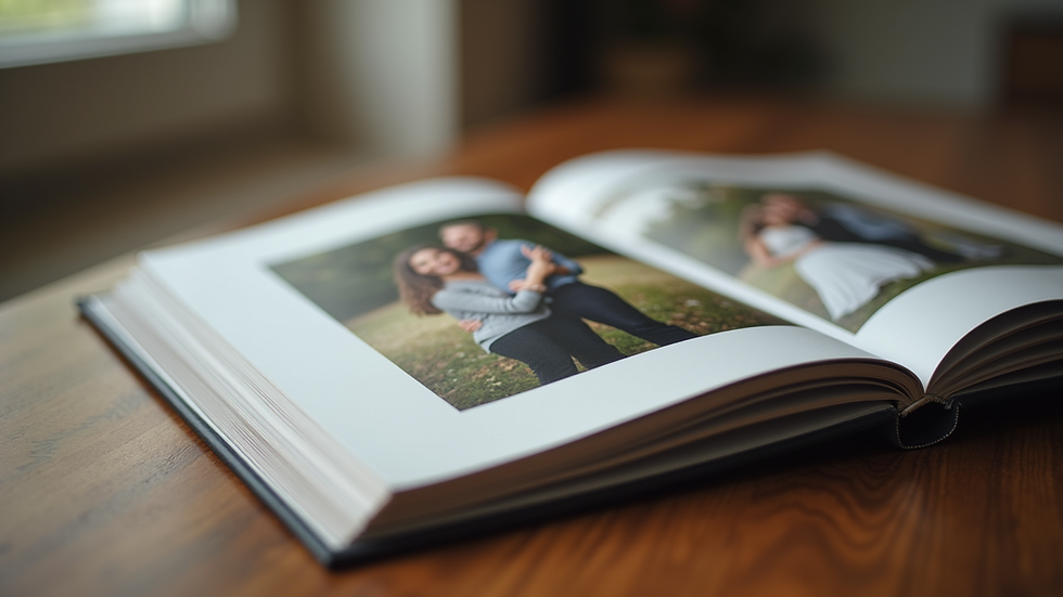 Close-up view of a photo album with candid couple images