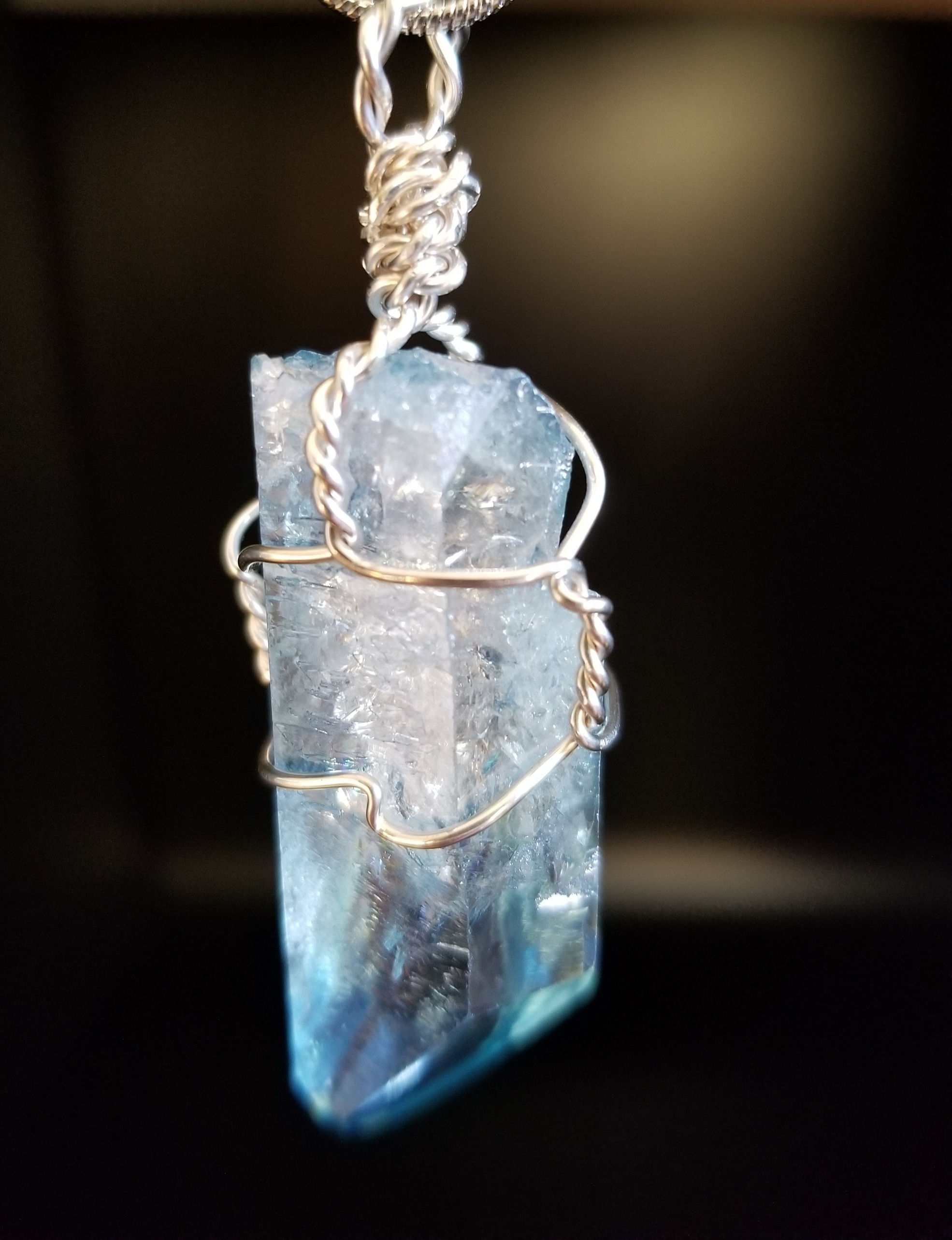 Aqua Aura Crystal point wrapped in sterling silver
