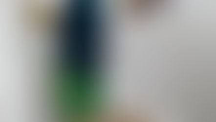 Person in a green and blue outfit with a patterned backpack views nature photos on a gallery wall. Wooden floor and a contemplative mood.