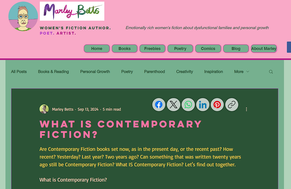 Blog page titled "What is Contemporary Fiction?" by Marley Betts. Pink and green interface with social media icons and navigation menu.