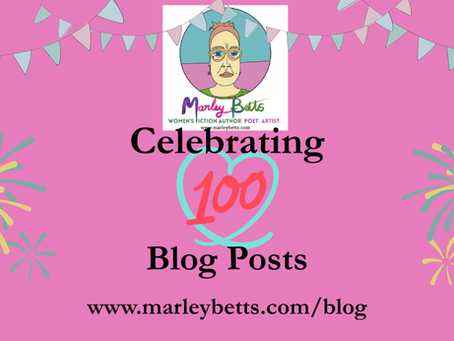Pink background with banners and fireworks. Text reads "Celebrating 100 Blog Posts" and "www.marleybetts.com/blog" below an illustrated portrait.