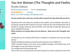 Book cover shows "You Are Woman" by Marley Betts with floral design on teal background. Text reviews and ratings are visible on the right.