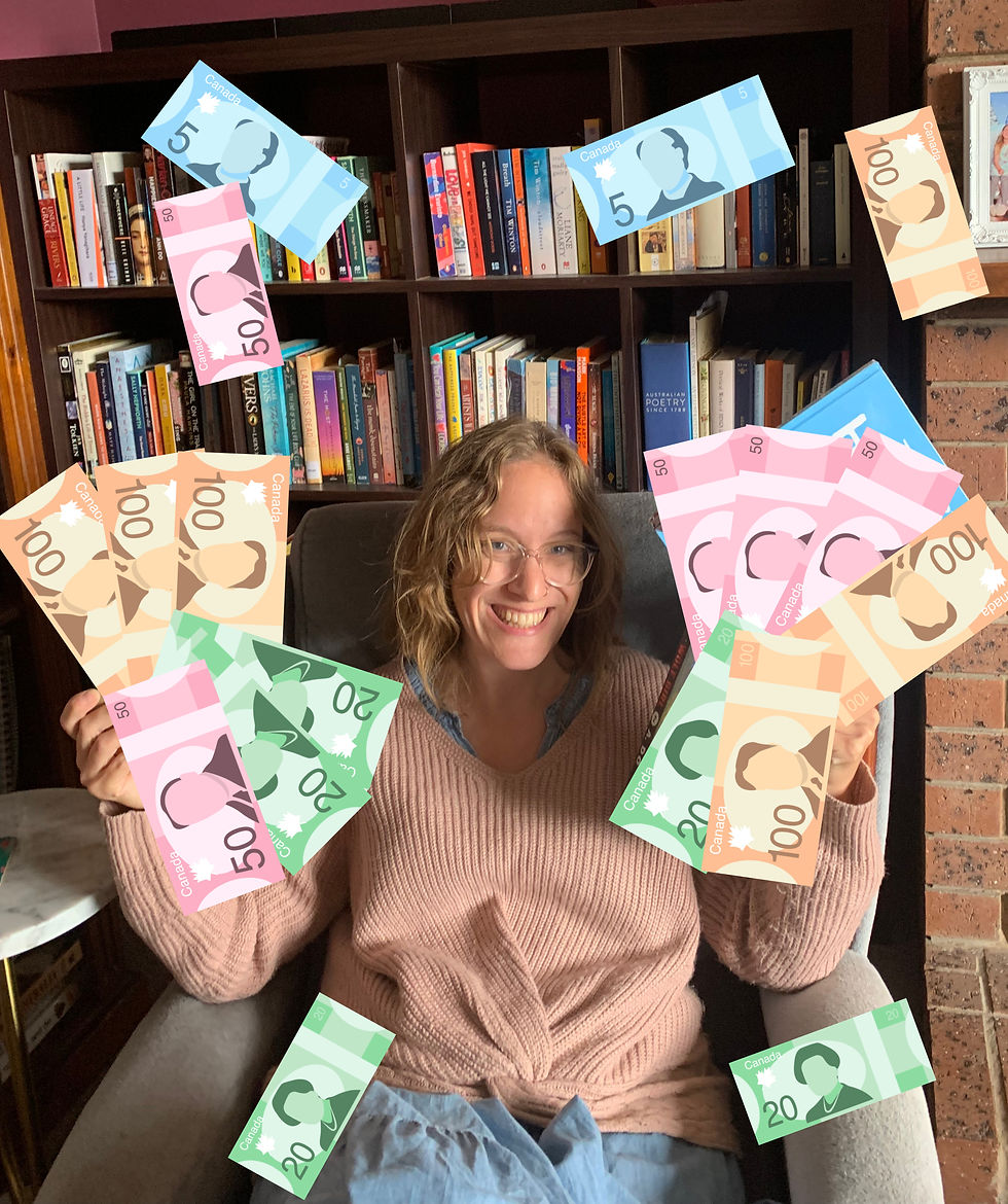 A person sitting in front of a bookshelf holding fake money that is also falling down around them