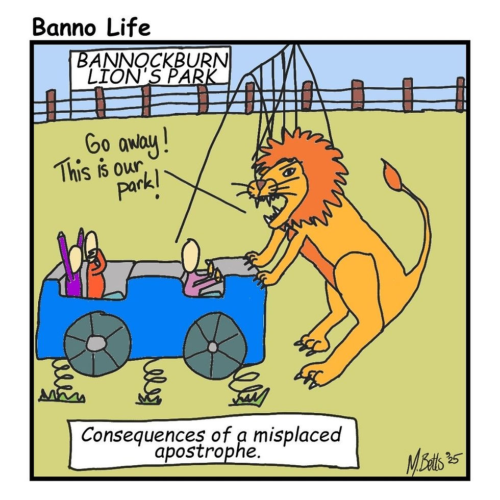 A drawing of a lion with its paws up on a car ride at a playground with children sitting in it. The lion is saying "Go away! This is our park!". Behind him is a sign that says: Bannockburn Lion's Park.
