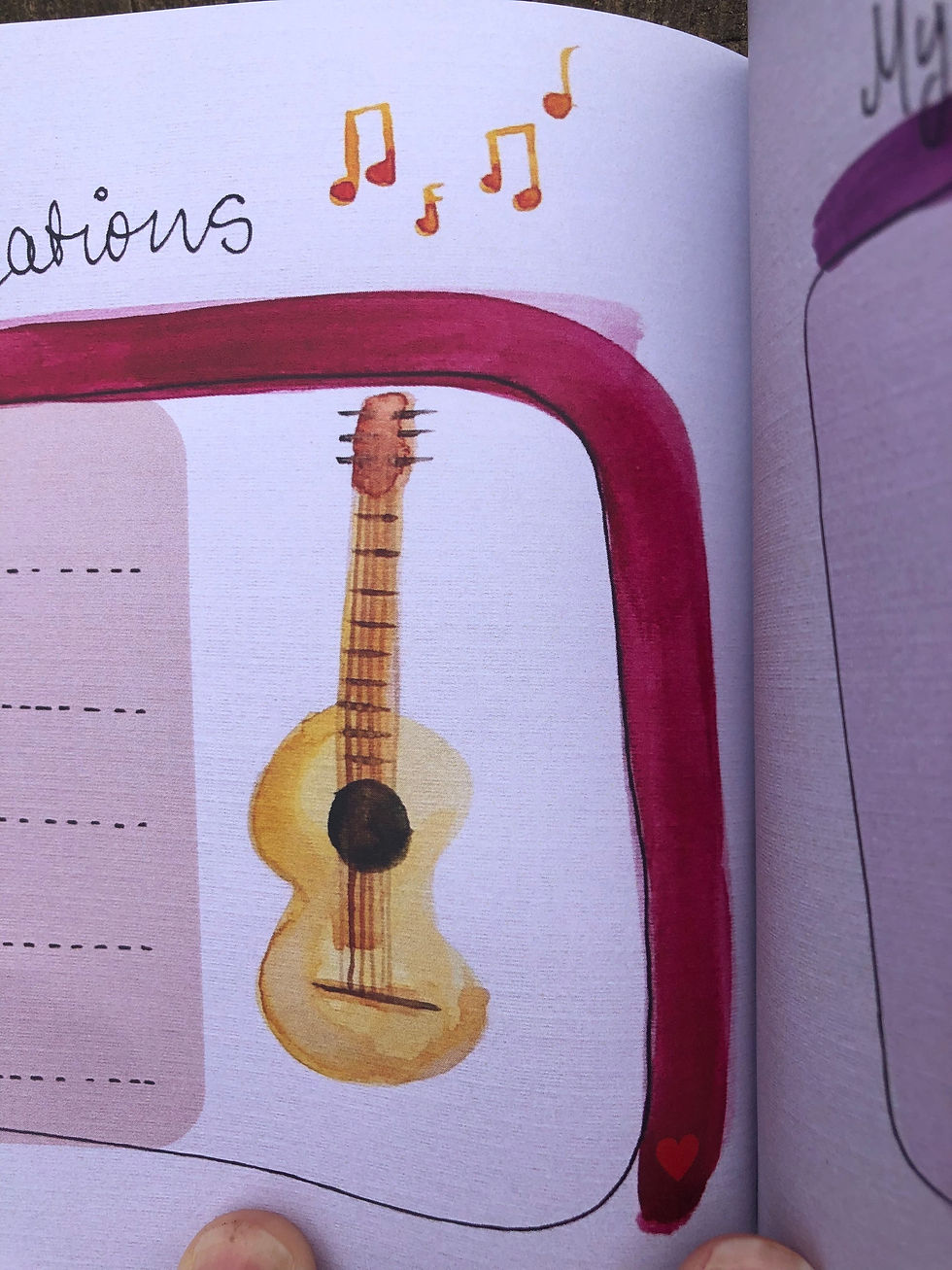 A watercolour painting of a guitar with some music notes above