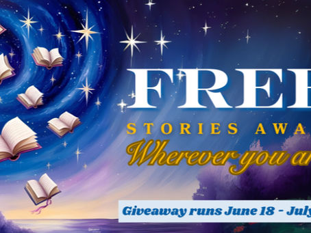A purple and blue painted night sky with stars and open books flying up into a swirl. The words 'Free stories await, wherever you are!'