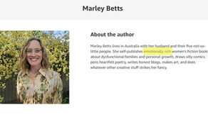 Author Marley Betts is smiling in glasses and floral dress in front of yellow flowers. Text highlights that the author writes emotionally rich women's fiction.