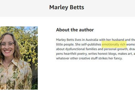 Author Marley Betts is smiling in glasses and floral dress in front of yellow flowers. Text highlights that the author writes emotionally rich women's fiction.