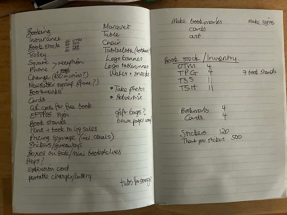 Open notebook with handwritten market stall preparation checklist and inventory notes. Includes items like book stock, bookmarks, and signage.