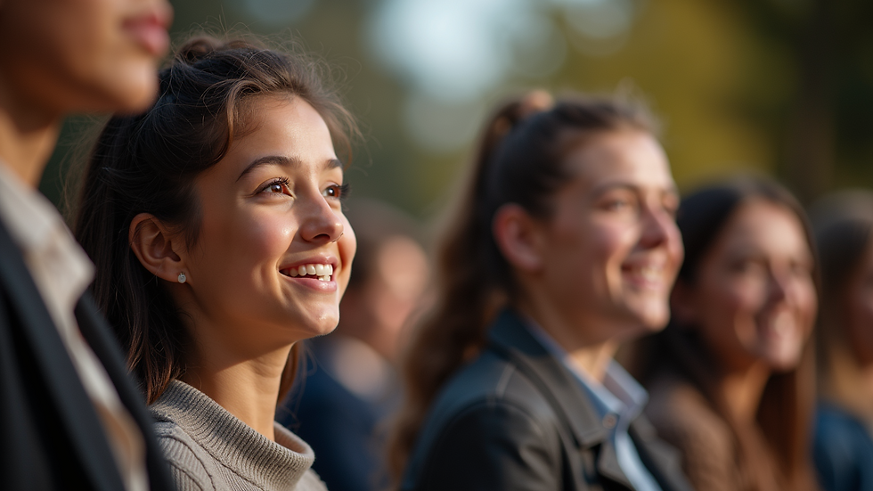 Eye-level view of a young person speaking confidently at a community event