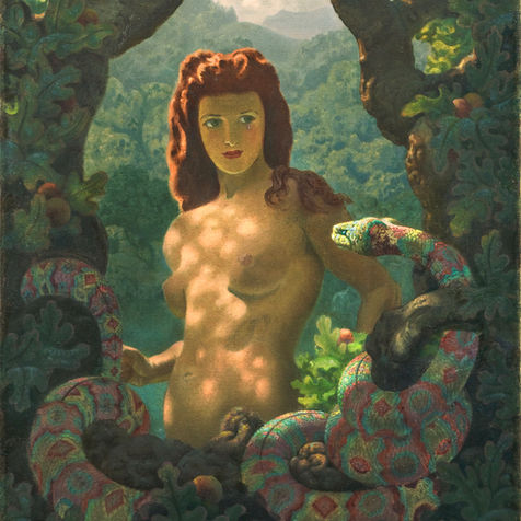 galerieuzal, painting, oil painting, eve, temptation, art, oilpainting, symbolism, illustration, illustration art